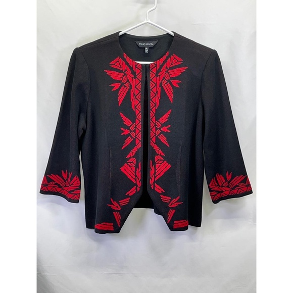Ming Wang Black & Red Womens Open Front Embroidered Cardigan Stretch Jacket PL - Picture 1 of 11
